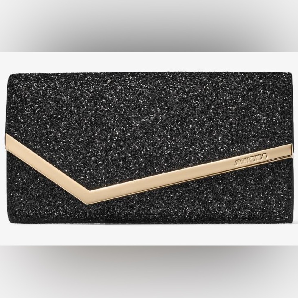 Jimmy Choo Black Glitter Clutch with Gold Accent